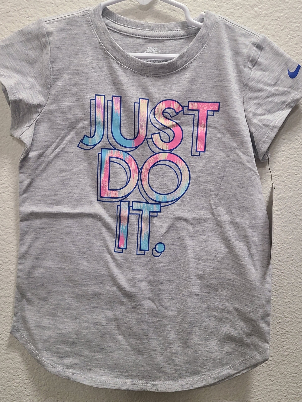 Nike Kids "Just Do It" Short Sleeve Tee - Gray with Pink & Blue Graphic